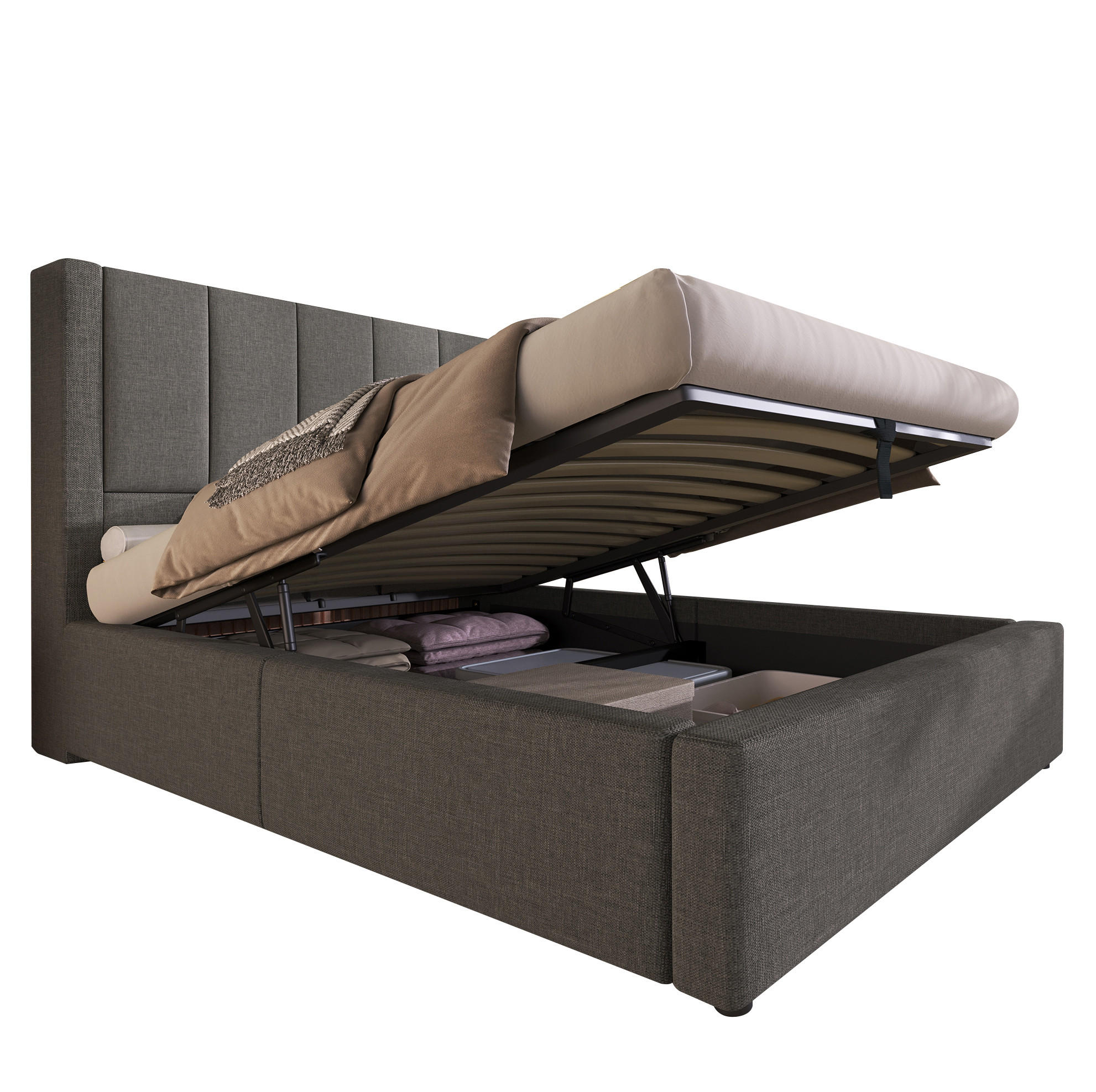 POLSTERBETT 90/200 cm Grau aus Leinen mit Stauraum - Grau, Textil (90/200cm) - OKMYHOME