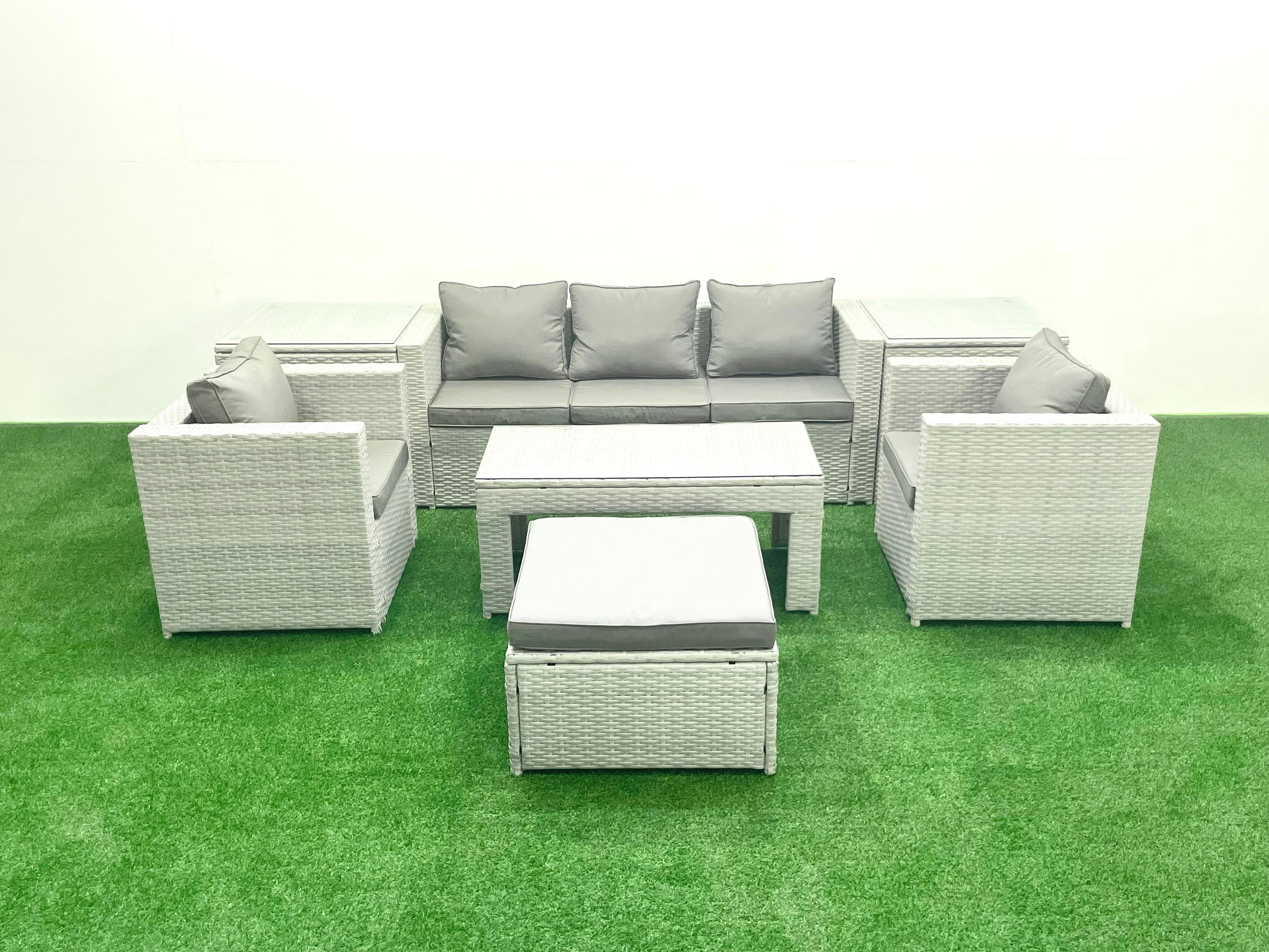 GARTENSET mit 3-SITZER SOFA,COUCHTISCH Polyrattan Hellgrau-Mix 6-Sitzer - Hellgrau/Grau, Glas/Kunststoff - Fimous