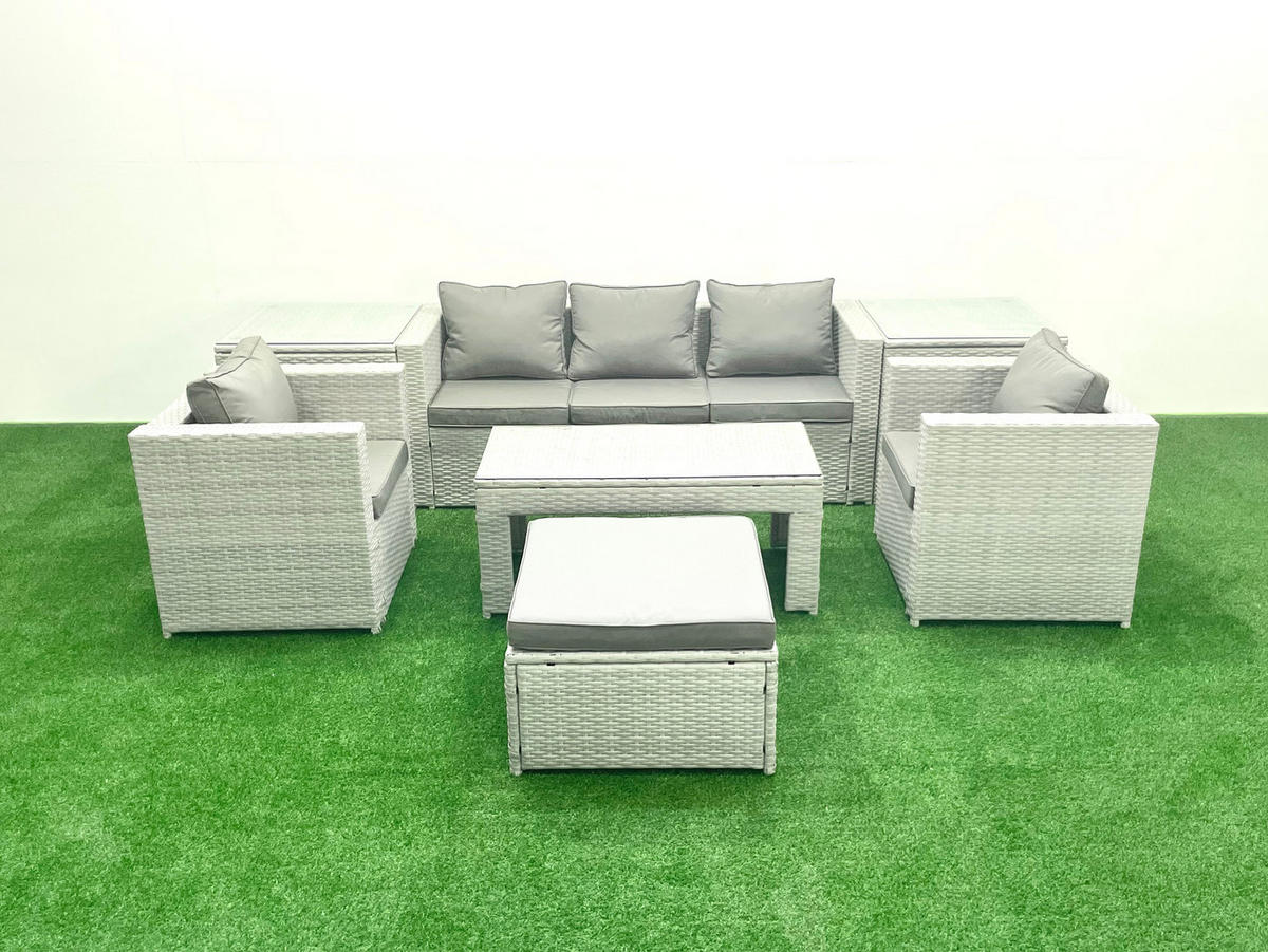GARTENSET mit 3-SITZER SOFA,COUCHTISCH Polyrattan Hellgrau-Mix 6-Sitzer - Hellgrau/Grau, Glas/Kunststoff - Fimous