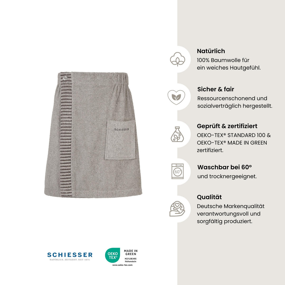 SAUNAKILT Rom Herren - 46-54 - Hellgrau - Hellgrau, Textil (55/150cm) - SCHIESSER