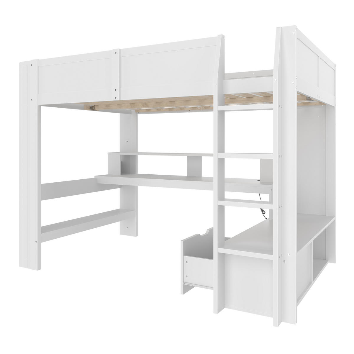 HOCHBETT 140x200cm Weiß Gaming Schreibtisch LED-Licht Schublade Regale - Weiß, Holz (140/200cm) - FLIEKS