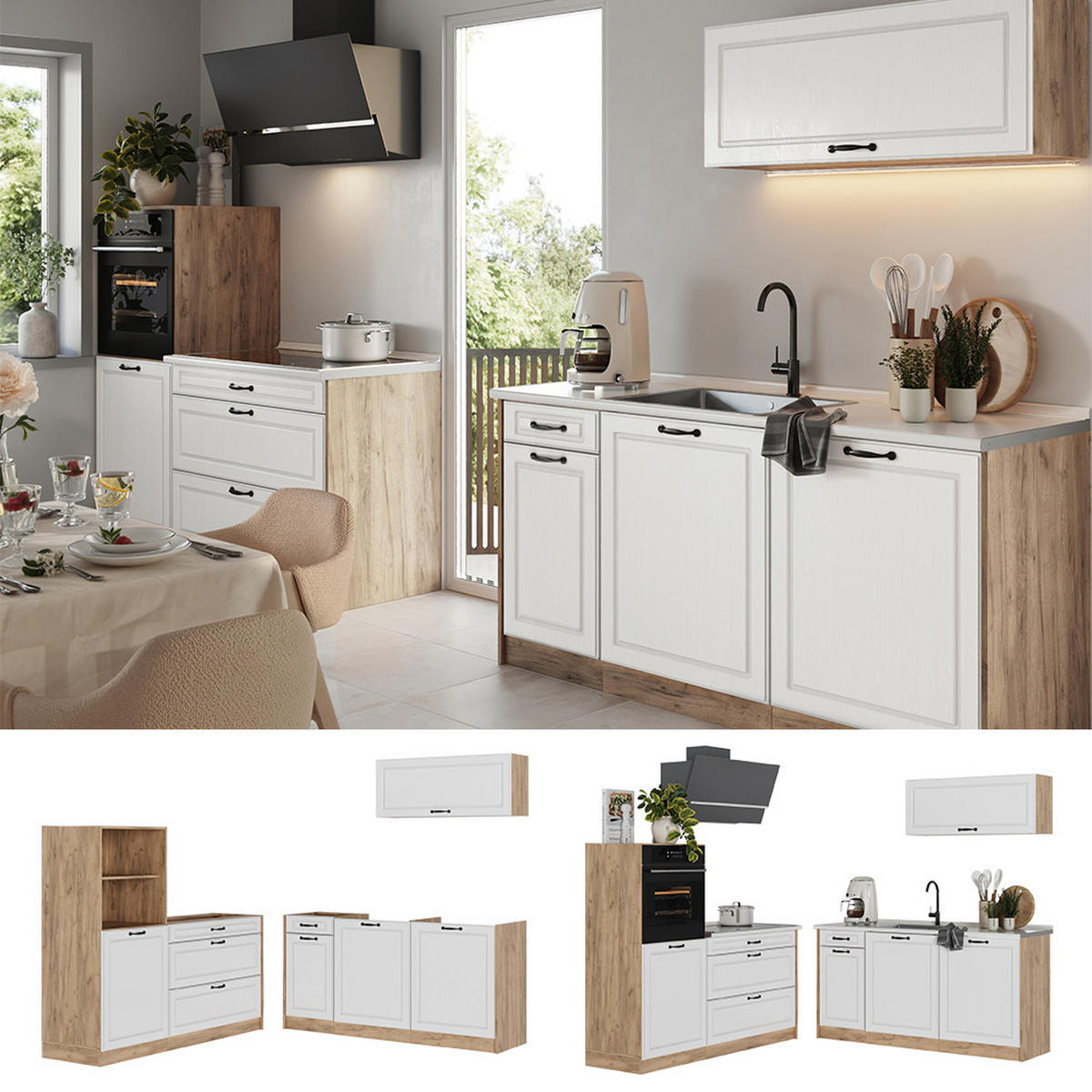 KUCHYNKA R-Line, Biely vidiecky dom/Dub Goldkraft, 160 cm antrasiitti työtaso - biela/dub medový, kompozitné drevo (160/143/60cm) - Vicco