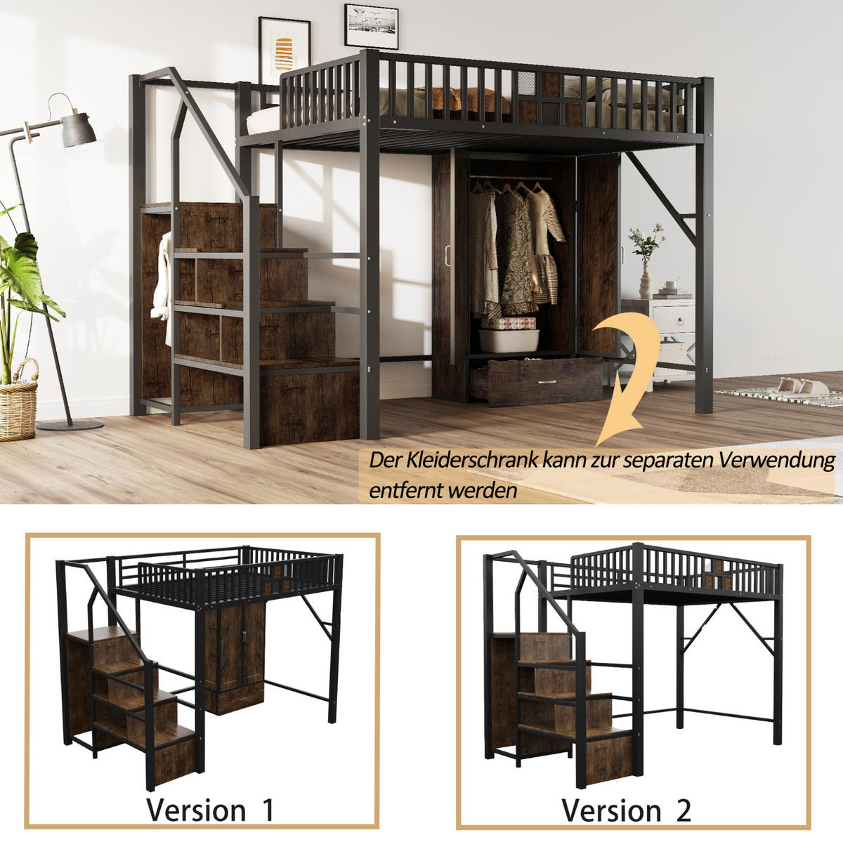 HOCHBETT 140/200 cm Schwarz mit großem Kleiderschrank und Schubladen - Schwarz, Metall (140/200cm) - OKWISH