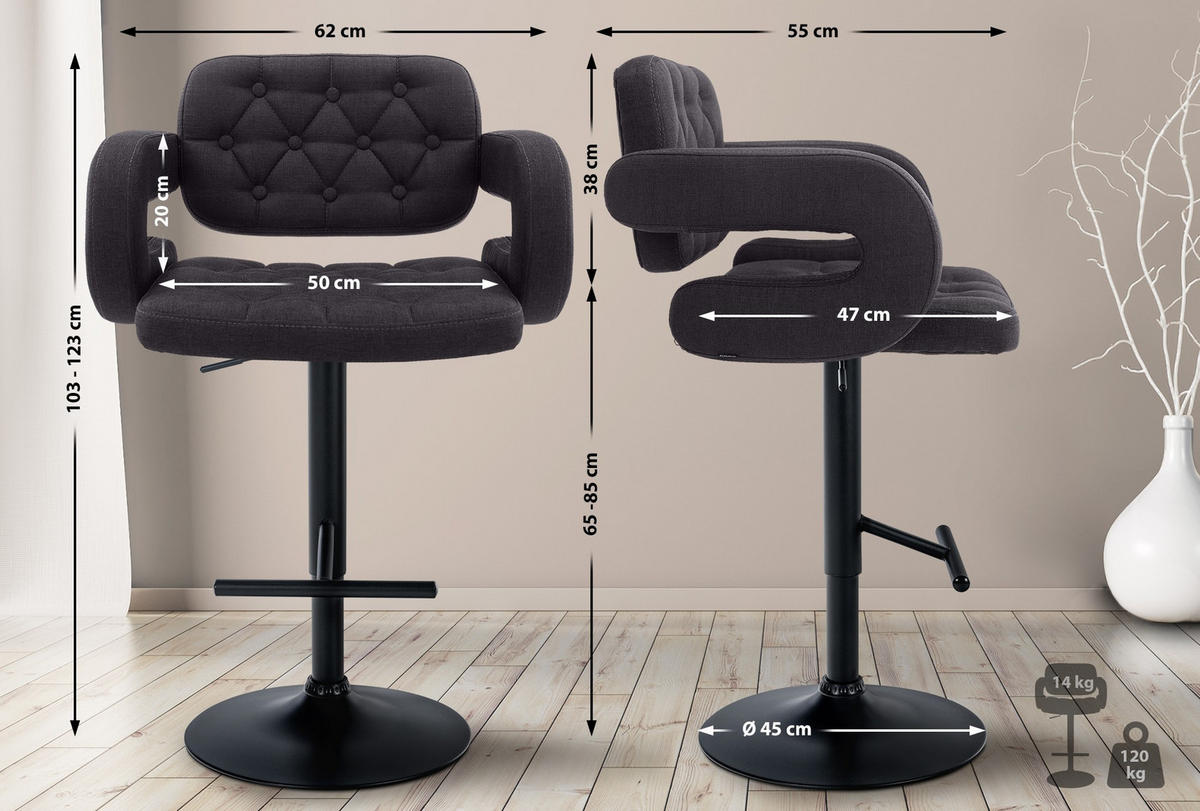 BARHOCKER Dublin 103-123x62x55 cm schwarz - Schwarz, Textil (62/103/55cm) - furnicato