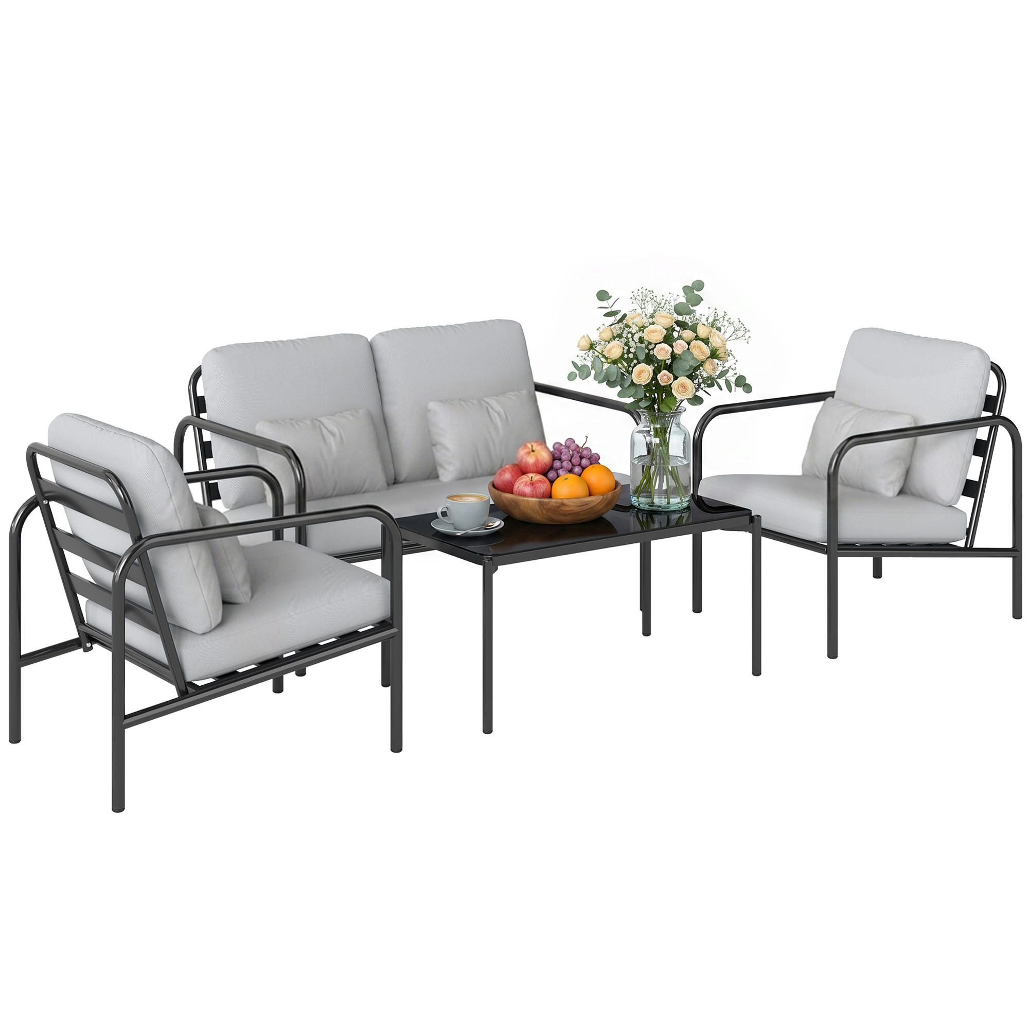 GARTENMÖBEL-SET, Stahl 4-teilig Doppelsofa, hellgrau - Grau, Metall - Vallsero