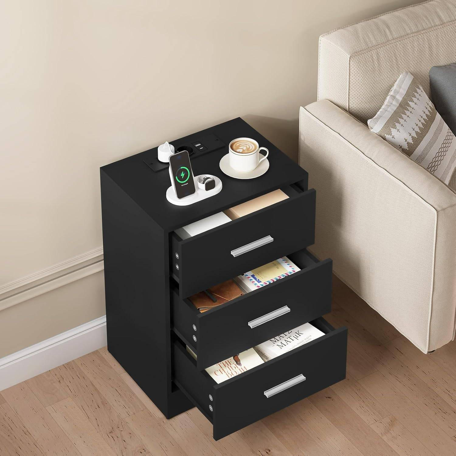 NACHTTISCH, Beistelltisch mit Ladefunktion, Schwarz - Schwarz, Holzwerkstoff (39/54/28cm) - Woltu