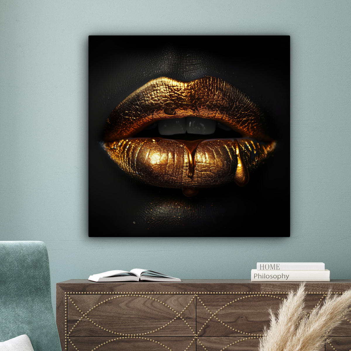 LEINWANDBILD Frau - Porträt - Lippen - Gold - Schwarz Deko Groß 90x90 cm - Schwarz, Textil (90/90cm) - MuchoWow