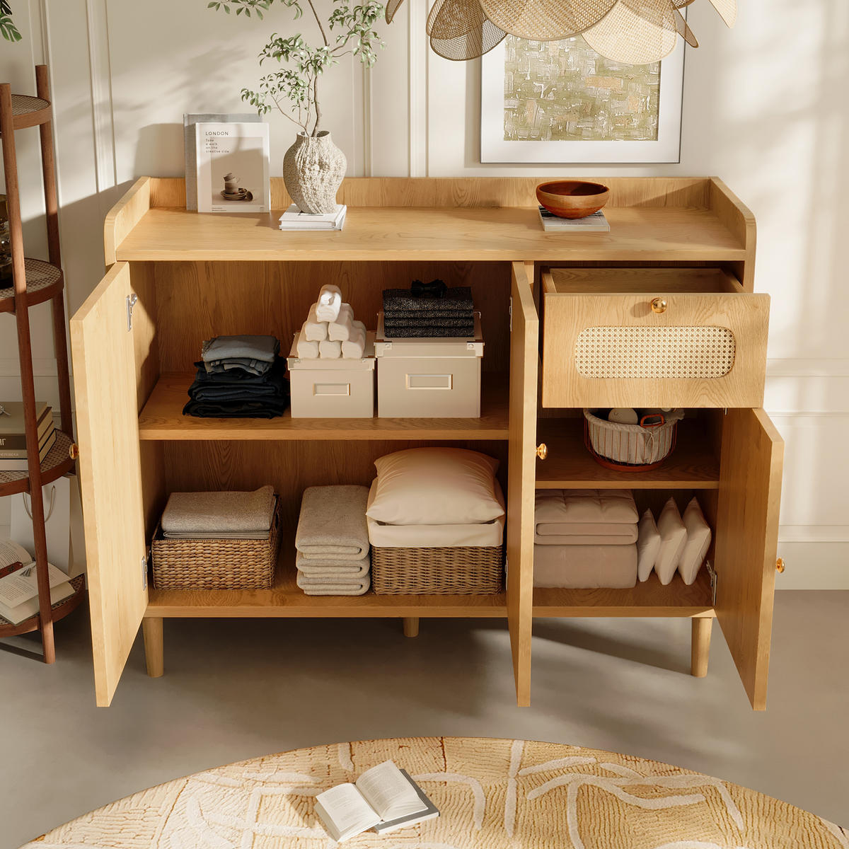 SIDEBOARD 120x40x91 cm Eiche mit Rattan und 3 Türen - Eichefarben, Holz (120/91/40cm) - FLIEKS