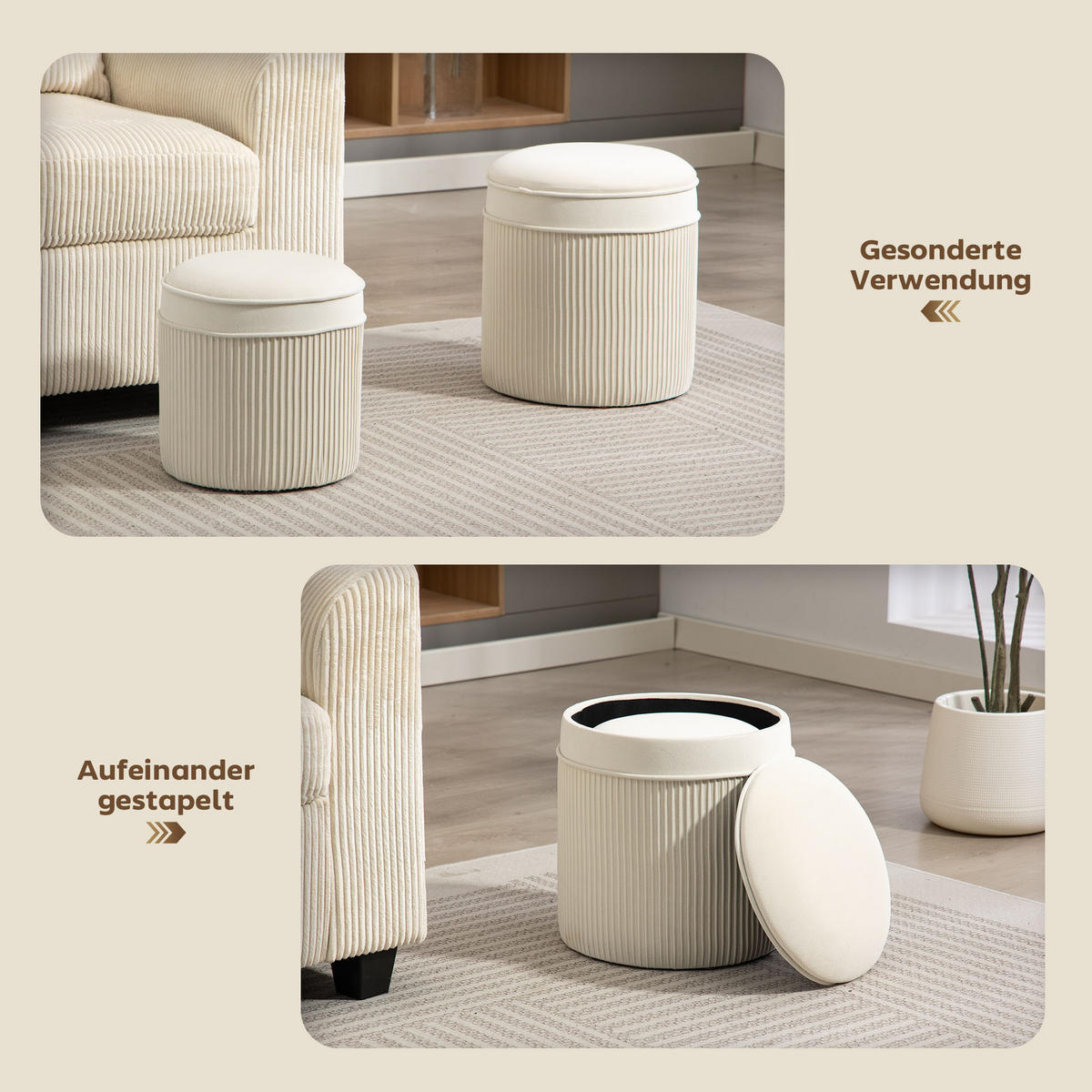 SITZHOCKER mit Stauraum Hocker und Deckel, Samtoptik - Creme/Weiß, Textil (36/41.5/36cm) - HOMCOM