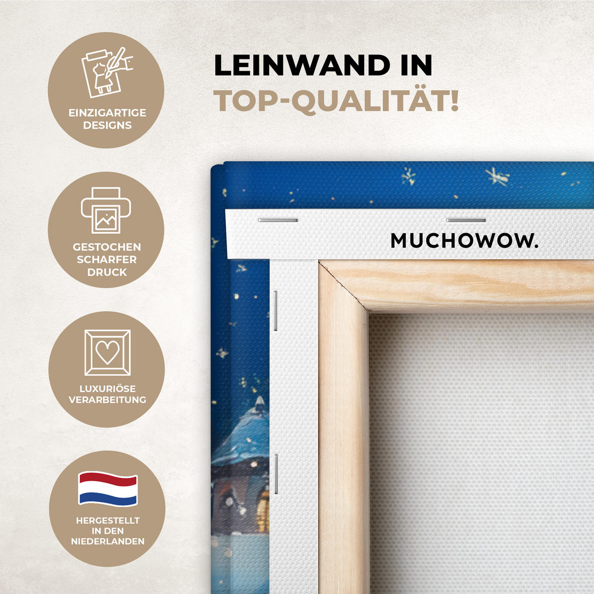 LEINWANDBILD Weihnachtsmann - Rentier - Weihnachten - Schnee Deko Groß 90x90 cm - Cognac, Textil (90/90cm) - MuchoWow