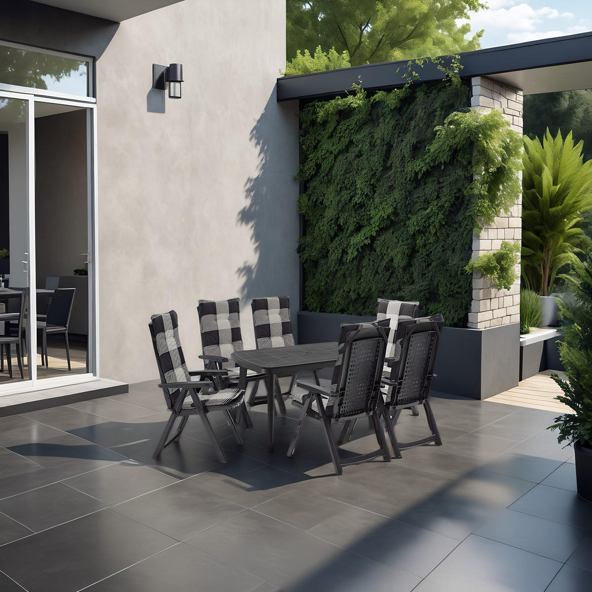 ESSGRUPPE Milano 7-tlg. anthrazit, mit Polster kariert, wetterfest, klappbar - Anthrazit, Textil