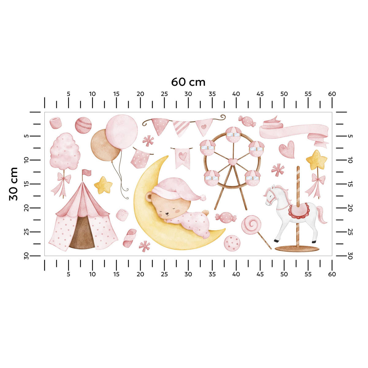 WANDSTICKER Teddybär auf dem Mond Sterne Ballons 60x30 - Gelb/Rosa, Papier (60/30/1cm) - Muralo