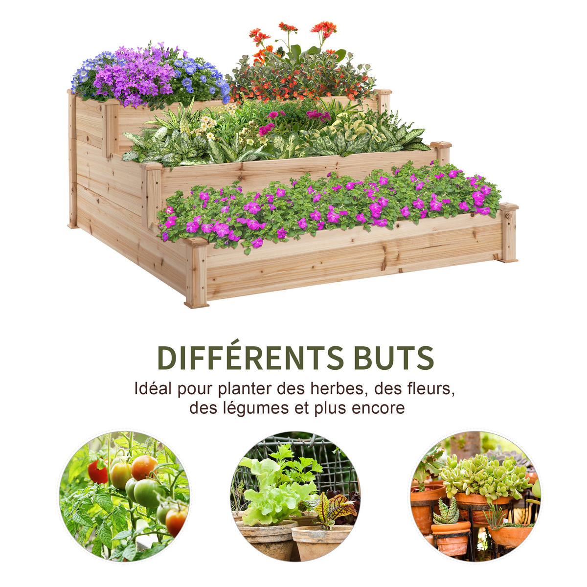 HOCHBEET 3-Stufig DE-12226 120/120/56 cm, ohne Boden Natur - Naturfarben, Holz (120/56/120cm) - ComfortXL