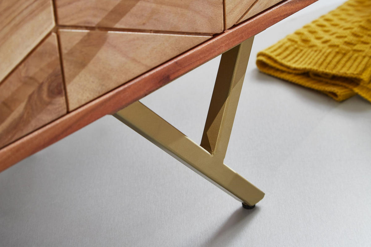 SIDEBOARD – Akazie Massivholz, rustikal, mit Muster, Landhausstil - Beige/Goldfarben, Holz/Metall (90/86/40cm) - KADIMA DESIGN