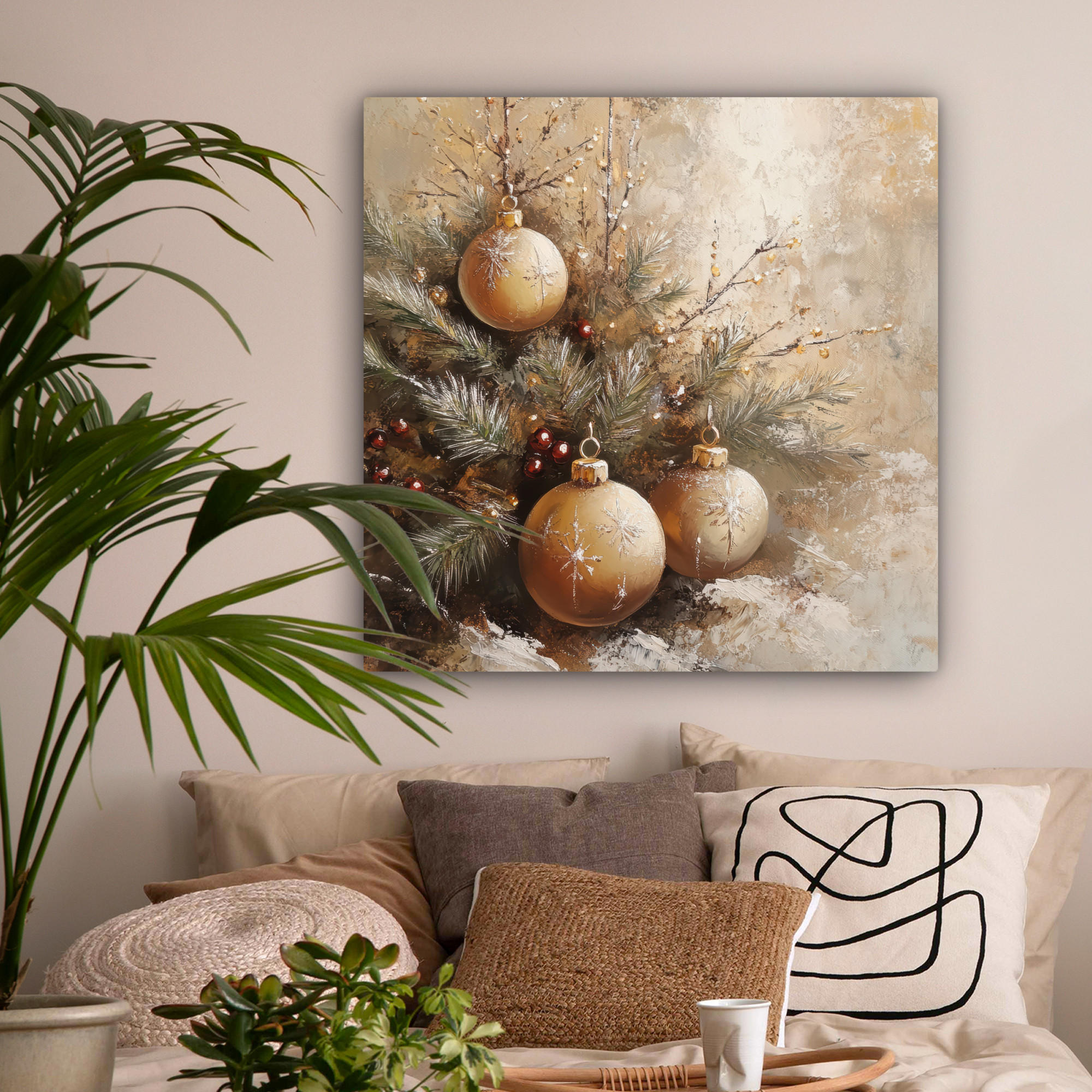 LEINWANDBILD Weihnachten - Kugeln - Beige - Gold 90x90 cm - Goldfarben, Textil (90/90cm) - MuchoWow