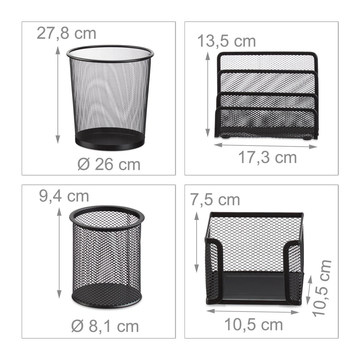 4TLG.SCHREIBTISCHORGANIZER - Schwarz, Metall (26/26/28.5cm) - Relaxdays