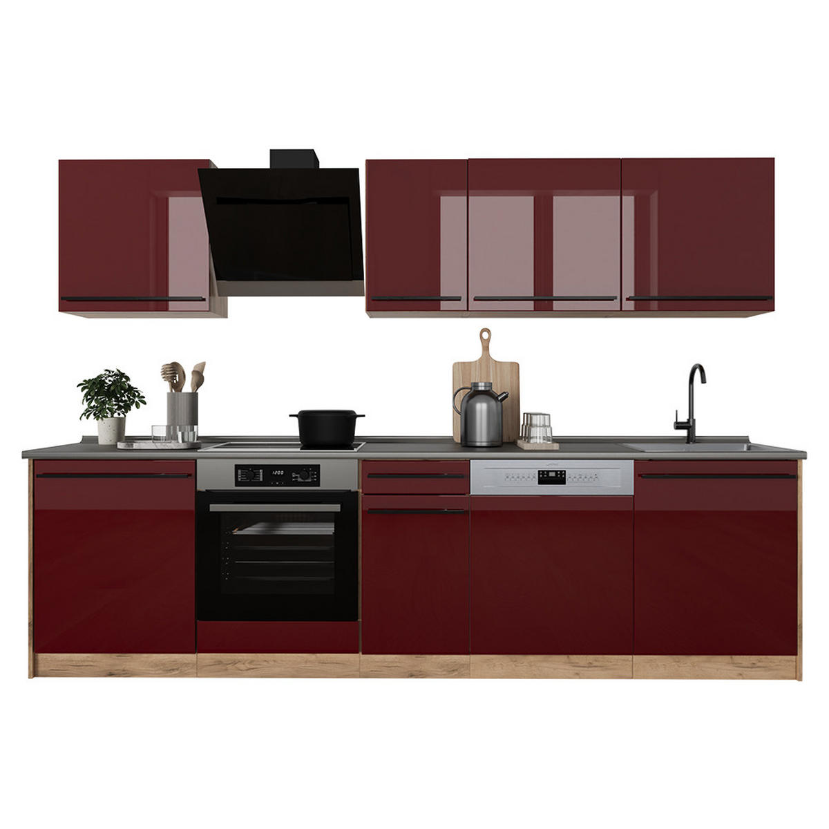 KÜCHENZEILE R-Line, Rot Hochglanz/Goldkraft Eiche, 280 cm ohne Arbeitsplatte - Honigeiche/Rot, Holzwerkstoff (280/206.8/46cm) - Vicco