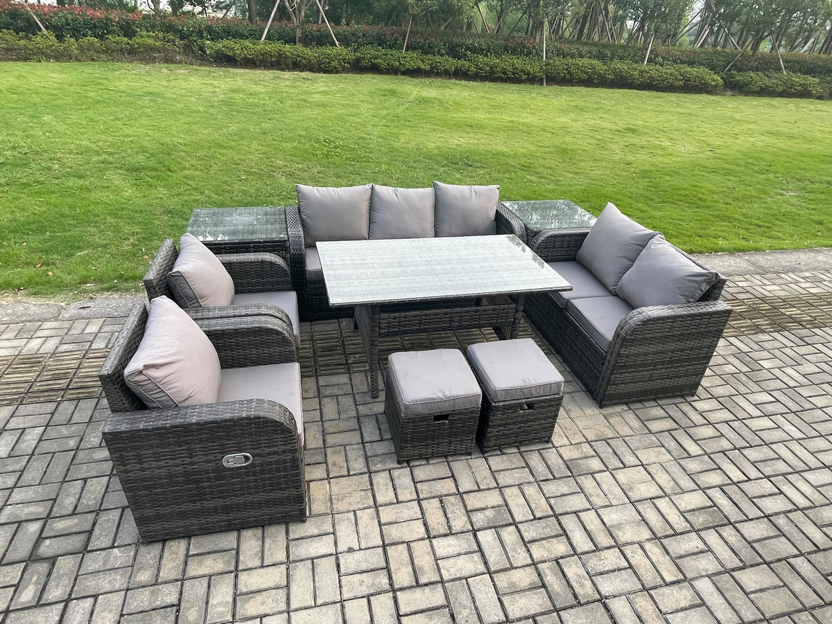 Gartenmöbelset mit Esstisch,3-Sitzer Sofa,2 Hockern,2 Beistelltischen Polyrattan Dunkelgrau 9-Sitzer - Dunkelgrau/Grau, Glas/Kunststoff - Fimous