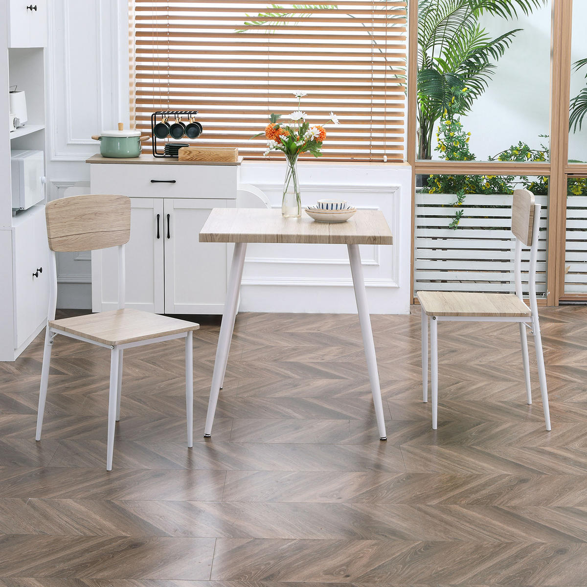 3-TEILIGES quadratisches Esszimmer-Set mit Tisch und 2 Stühlen, Küche/Esszimmer, Tischplatte aus MDF, weißes Metallgestell - Naturfarben, Kunststoff (70/76/70cm)