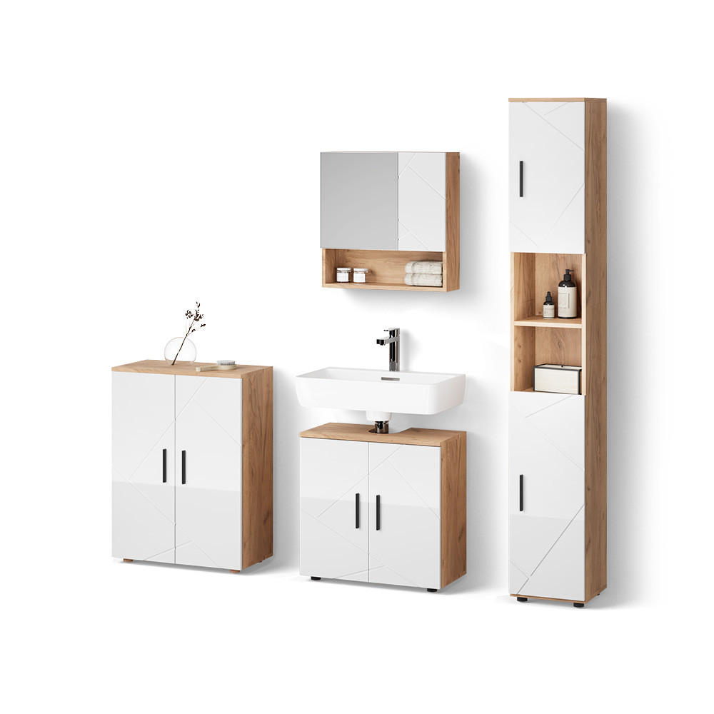 BADMÖBEL-SET Ronco Weiß Hochglanz/Goldkraft Eiche 4 Teile, mit Hochschrank und Kommode - Honigeiche/Weiß Hochglanz, Holzwerkstoff (60/59/30cm) - Livinity®