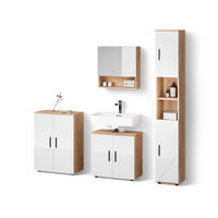 BADMÖBEL-SET Ronco Weiß Hochglanz/Goldkraft Eiche 4 Teile, mit Hochschrank und Kommode - Honigeiche/Weiß Hochglanz, Holzwerkstoff (60/59/30cm) - Livinity®