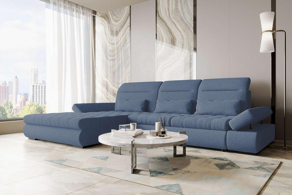 ECKSOFA Toscana Plus Strukturstoff inkl. Schlaffunktion - Blau, Textil (179/300cm) - 99rooms