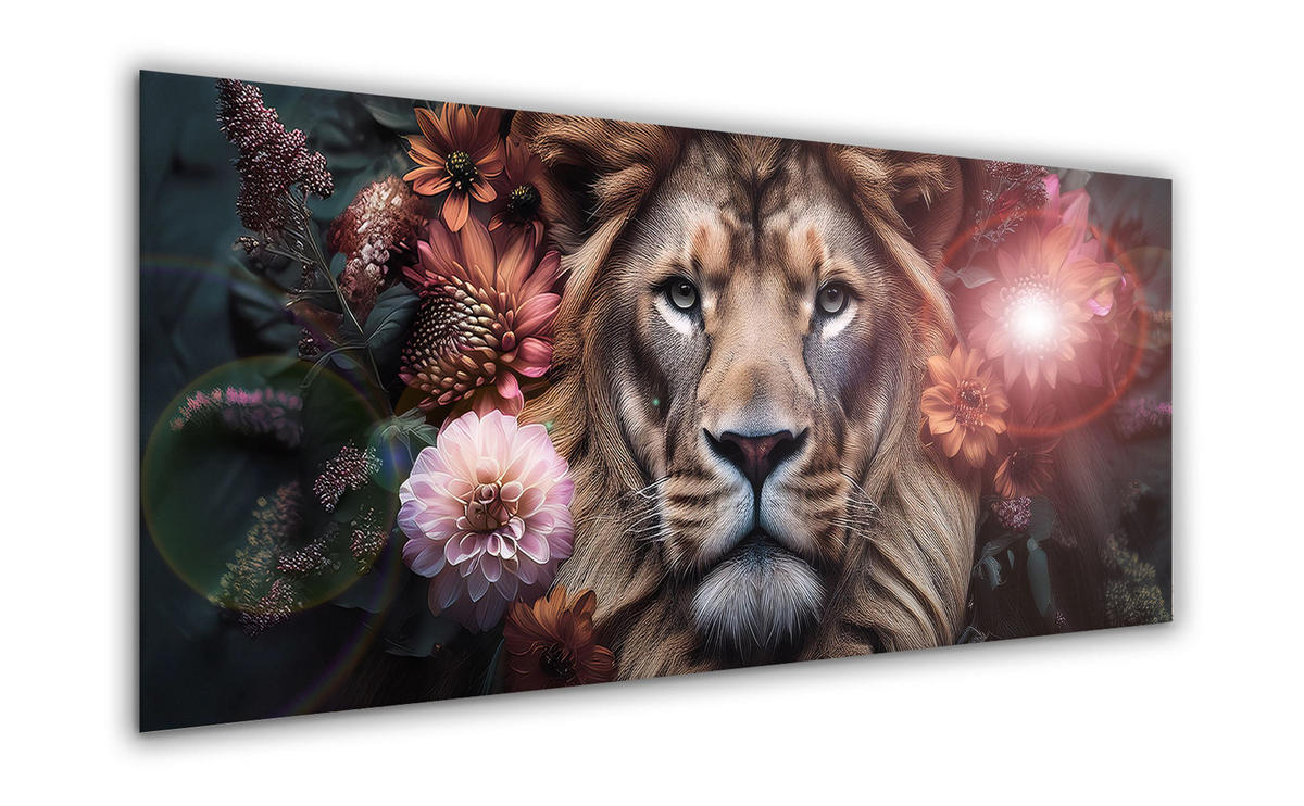 GLASBILD 125x50 cm Löwe Blumen Vintage - Rot, Glas (125/50cm) - artissimo