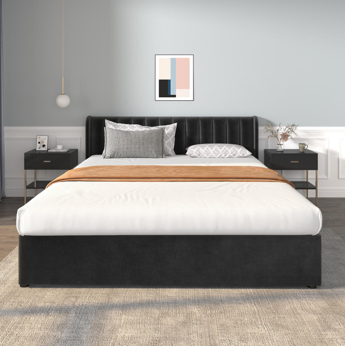 POLNJENA postelja iz žameta 180x200 cm črna z letvenim dnom in 2 predaloma - črna, tekstil (180/200cm) - Modfu