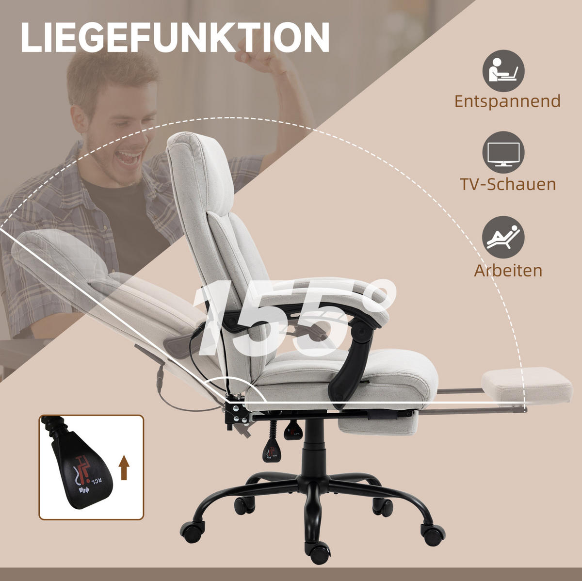 DREHSTUHL 74/65/111-119 cm hellgrau aus Polyester mit Massage und Fußstütze - Hellgrau, Kunststoff (74/119/65cm) - OKWISH