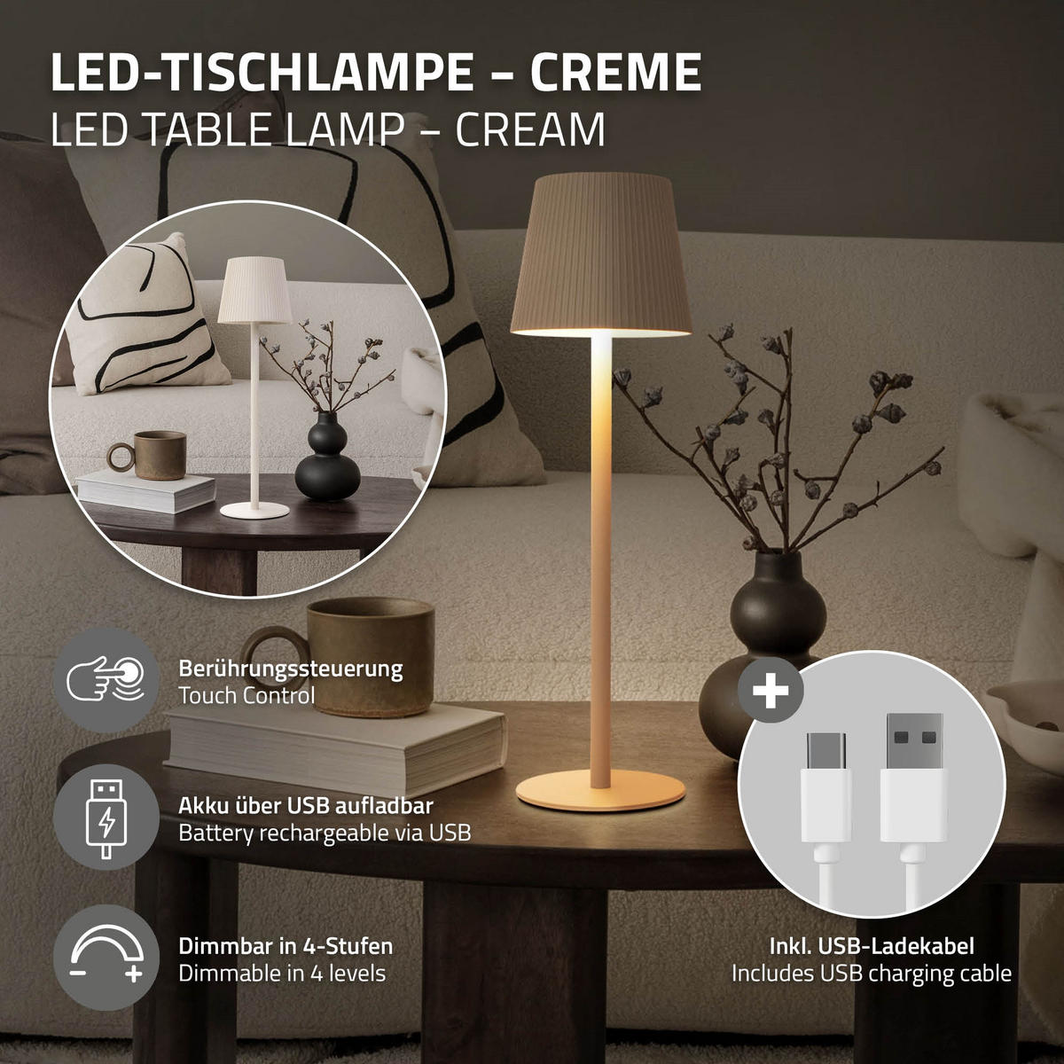 LED TISCHLAMPE kabellos mit Touch Creme Ø10x36 cm Warmweiß Dimmbar - Creme, Kunststoff (10/10/36cm) - ML-DESIGN
