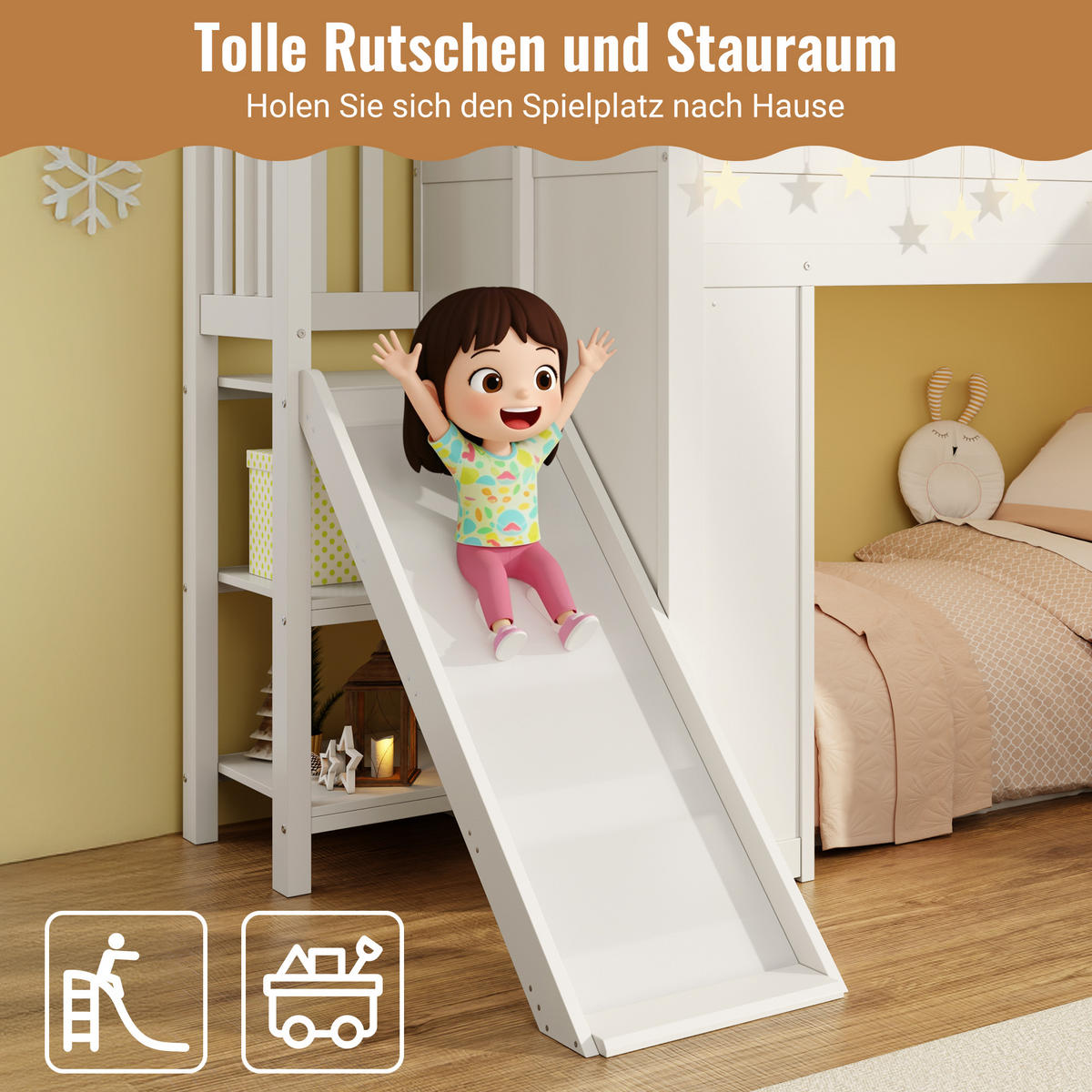 HOCHBETT 90/200 cm in Weiß Kinderbett mit Rutsche, Stauraumtreppe und LED - Weiß, Holzwerkstoff (90/200cm) - STILVORA