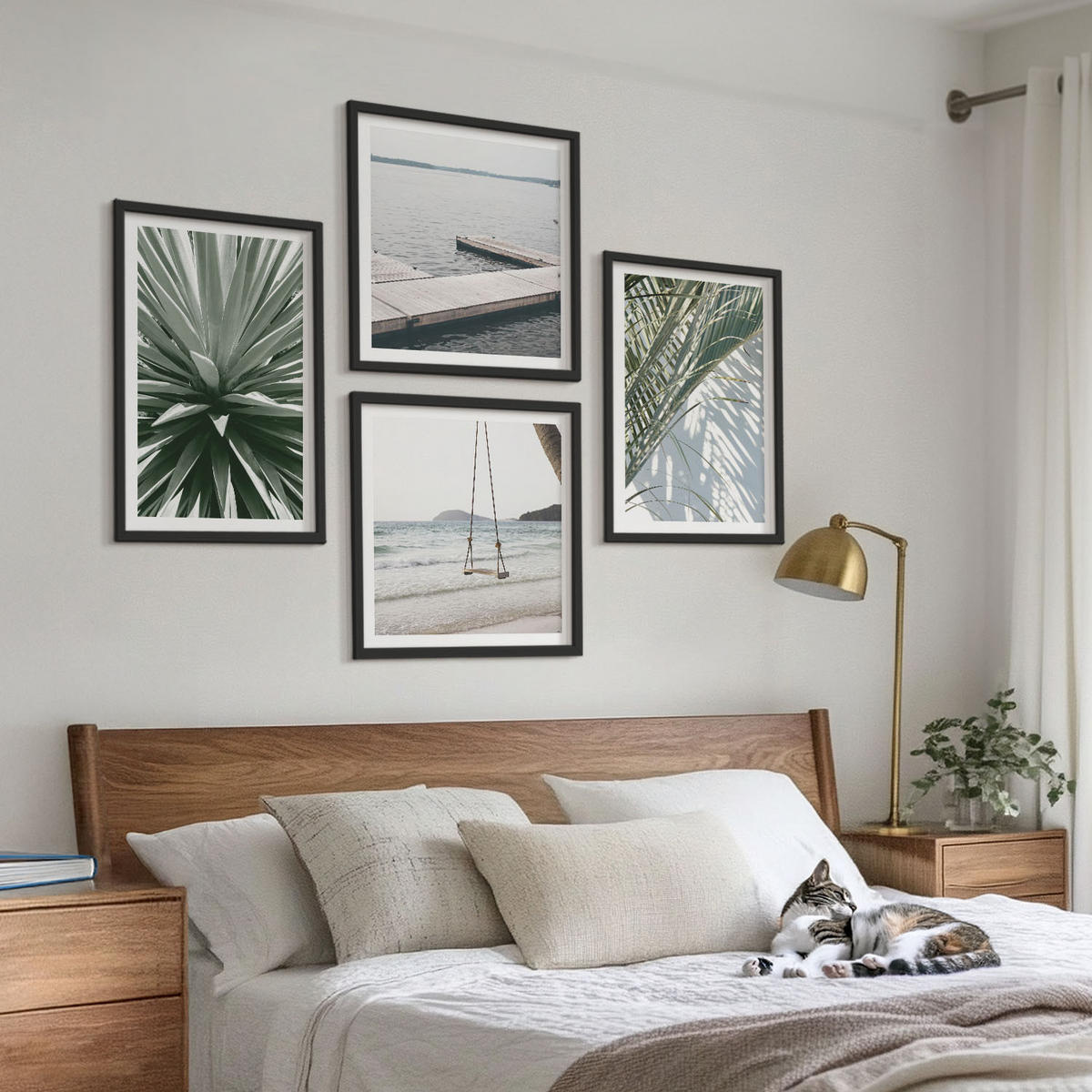 WANDBILDER 4er-Set - 50x50 cm & 40x60 cm Schwarzer Rahmen - Hängebrücke aus Palmenblättern - Schwarz, Kunststoff (50/50cm) - ArtPrintCave