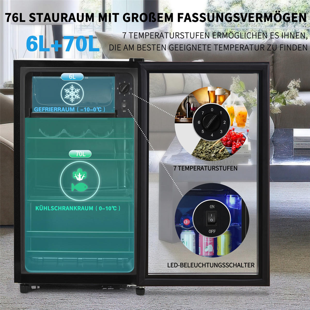 MINIKÜHLSCHRANK 76L LED Energieeffizient - Schwarz, Metall (40/71.6/43.5cm) - Kaket