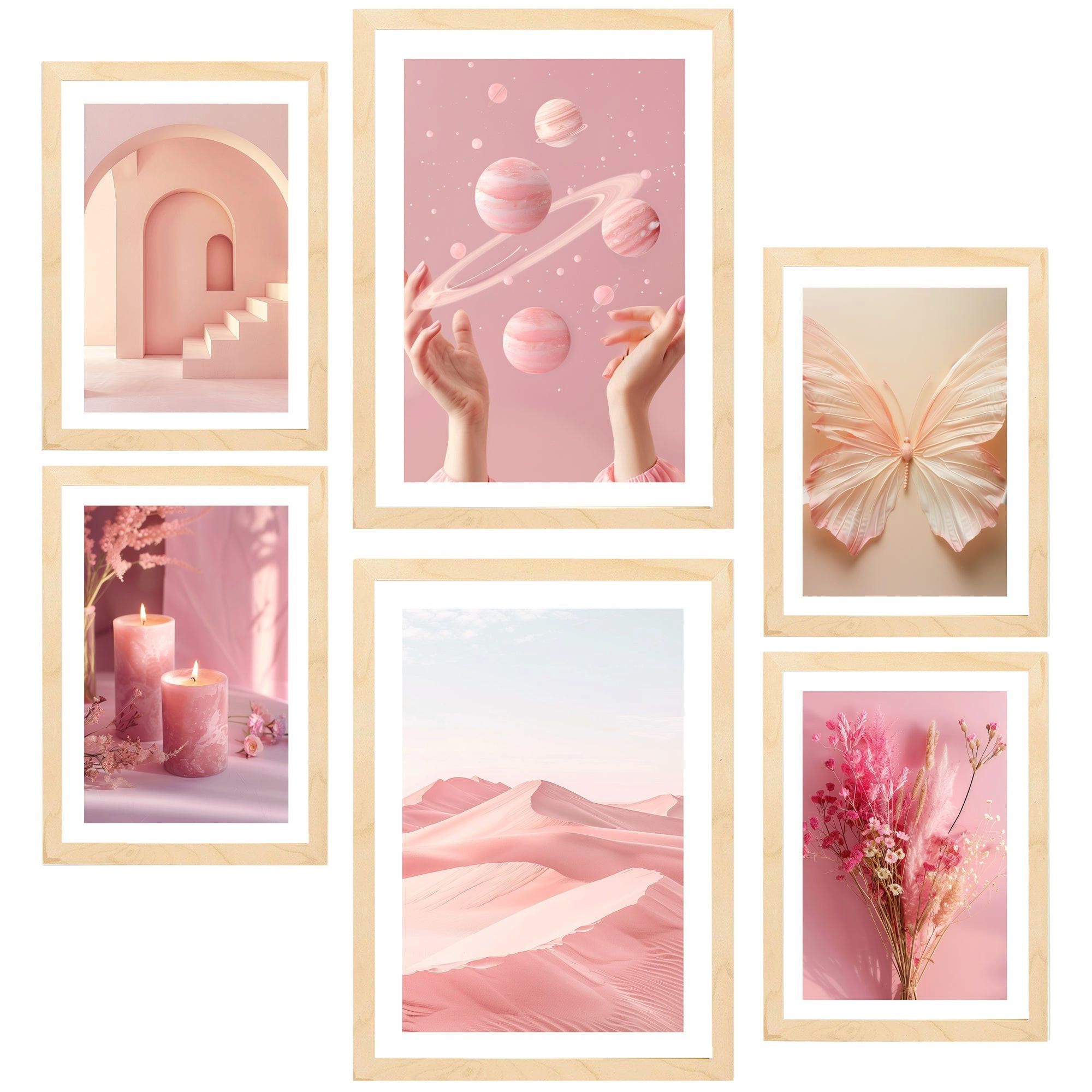 POSTER Set Mit 6 Pastellrosa Komposition A3 & A4 Rahmen Aus Hellem Holz - Beige, Papier (29/3cm) - Nacnic