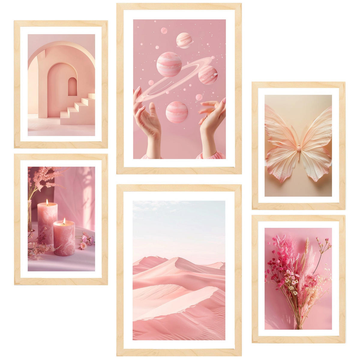 POSTER Set Mit 6 Pastellrosa Komposition A3 & A4 Rahmen Aus Hellem Holz - Beige, Papier (29/3cm) - Nacnic