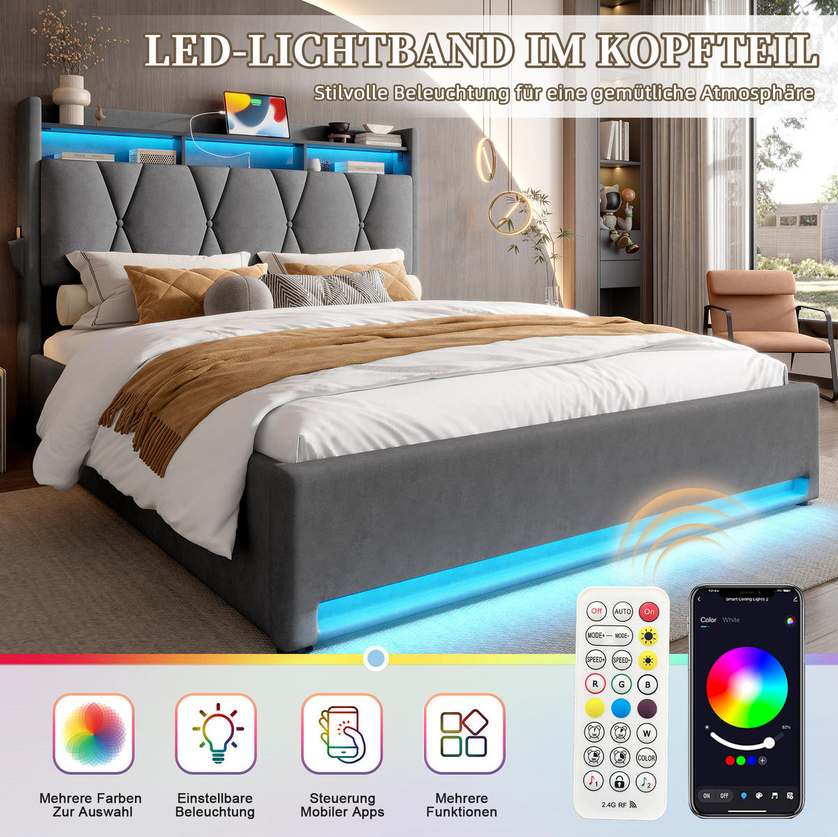 POLSTERBETT 140/200 cm mit LED-Beleuchtung, USB- und Type-C-Anschluss, Stauraum-Kopfteil und Bettkasten, Dunkelgrau - Dunkelgrau, Textil (140/200cm) - Redom