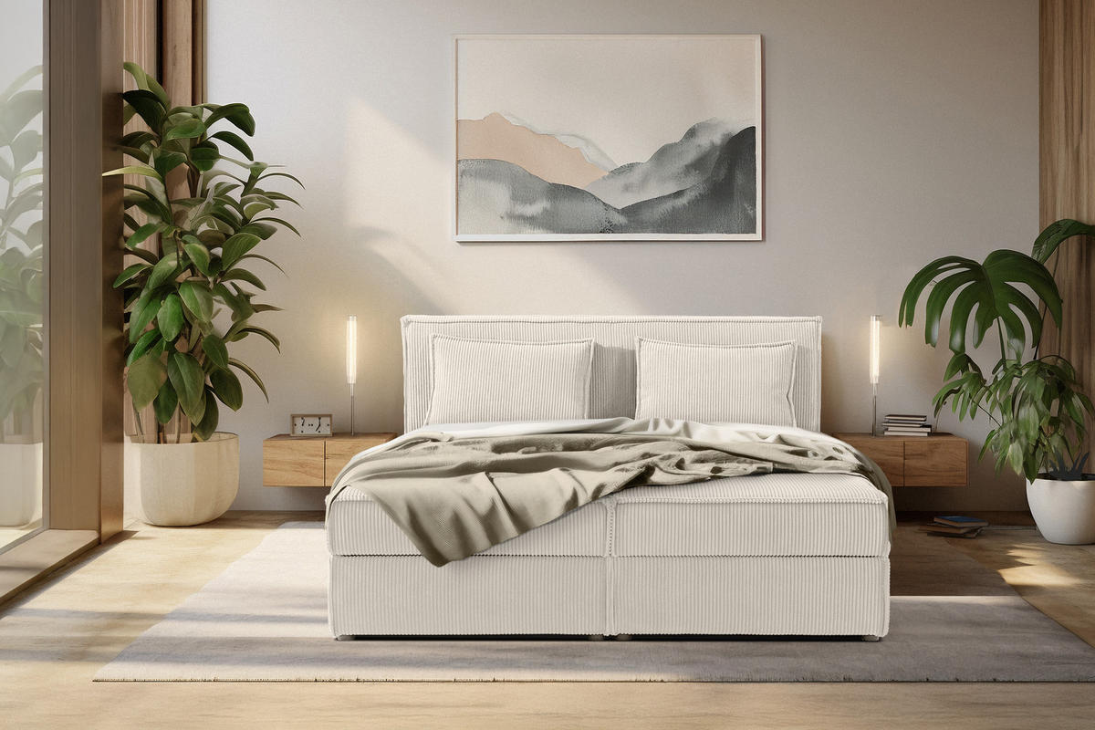 BOXSPRINGBETT ROTI 160x200 mit Matratze und Topper, mit Bettkasten, ecrufarben - Ecru/Schwarz, Holz/Holzwerkstoff (160/200cm) - KONSIMO®