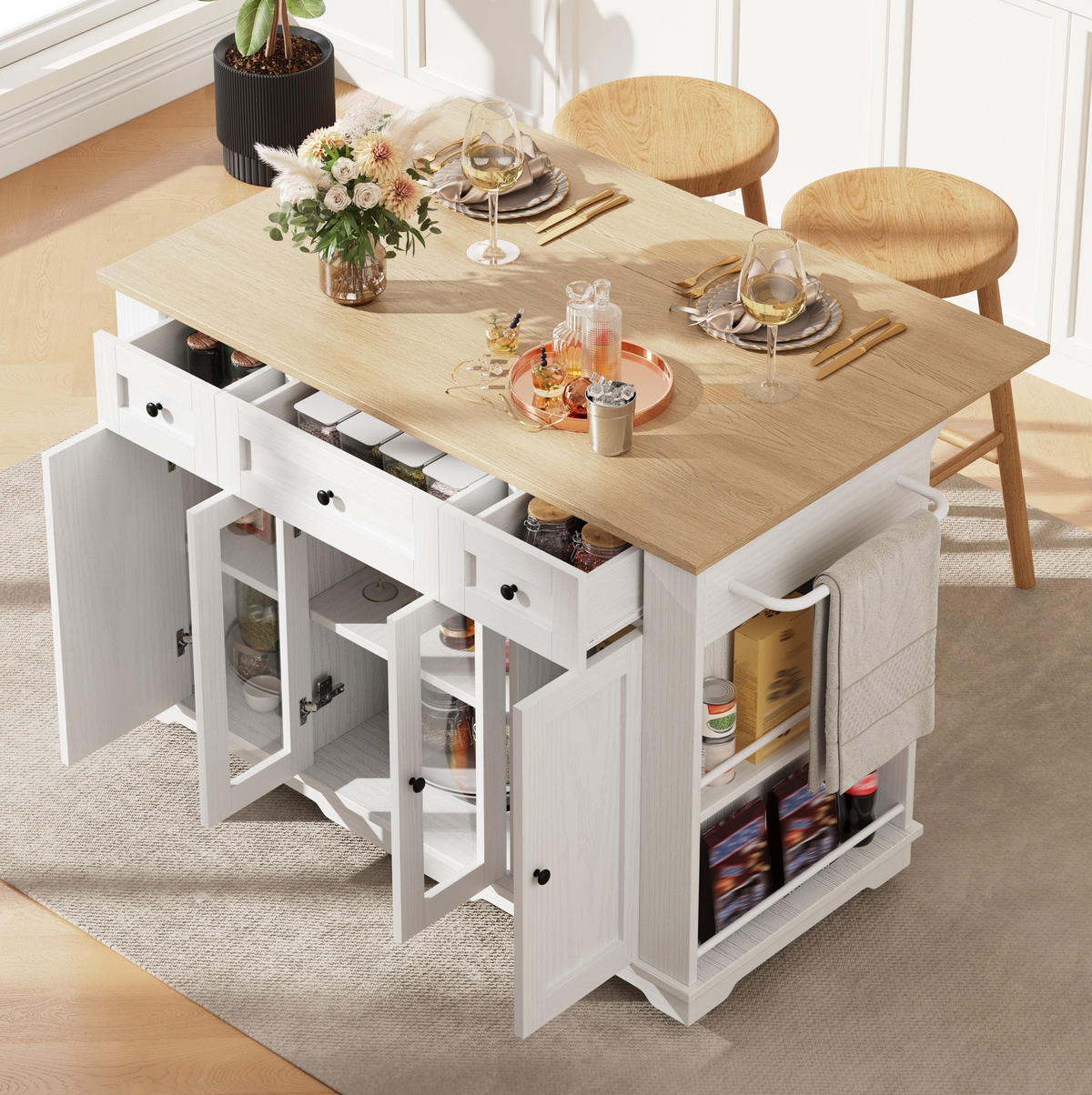 KÜCHENINSEL 151,5/60/91,7 cm Weiß/Natur aus MDF, Metall und Glas mit klappbarer Tischplatte - Weiß, Holzwerkstoff (60/91.7/151.5cm) - OKMYHOME