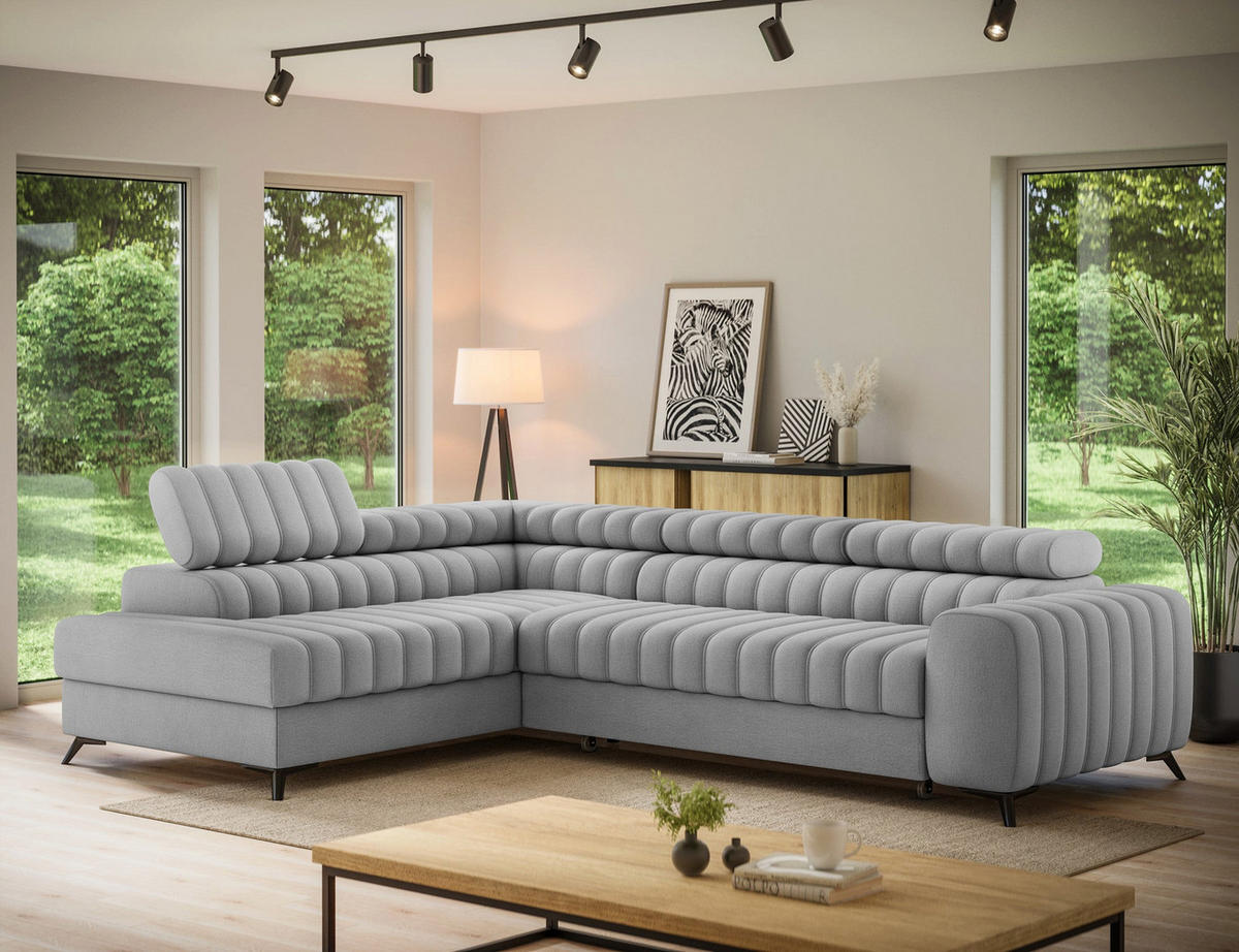KANEDO Ecksofa mit Schlaffunktion und Bettkasten – Modernes Designsofa, verstellbare Kopfstützen, Metallfüße - Grau, Kunststoff (269/86cm) - Wohnideebilder