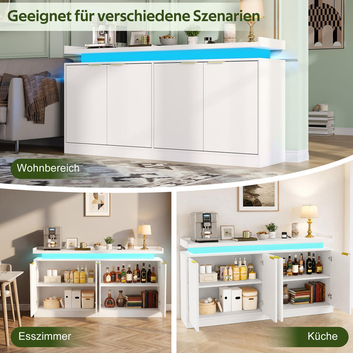 SIDEBOARD DE-38751 160/39/83 cm LED-Beleuchtung und 4 Türen Weiß - Weiß, Holzwerkstoff (160/83/39cm) - ComfortXL