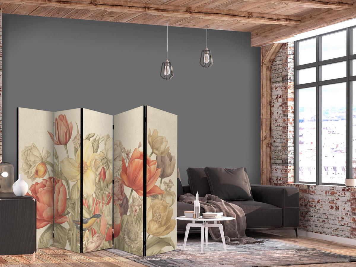PARAVÁN Obojstranný 5-dielny 225x172 cm Retro Tulipány - viacfarebná, drevo/textil (225/172/3cm) - Muralo
