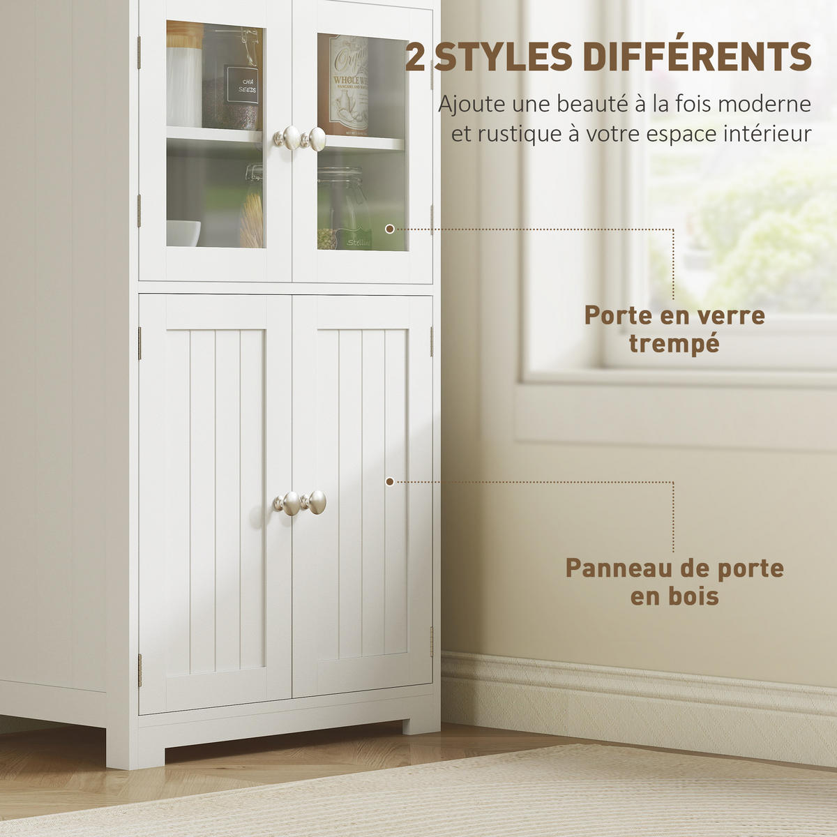 HIGHBOARD DE-11015 2 Nischen & 2 Glastüren mit verstellbaren Böden Weiß - Weiß, Holzwerkstoff (30/162/60cm) - ComfortXL