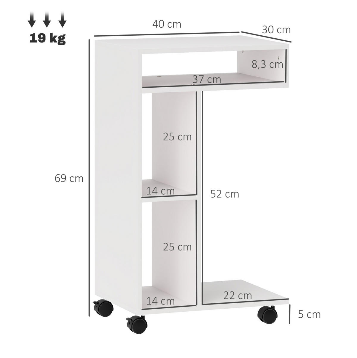 BEISTELLTISCH aus Holzwerkstoff 30x40x69 cm Weiß mit Rollen, 3 Fächern und Ablage - Weiß, Holzwerkstoff (40/30/69cm) - Modfu