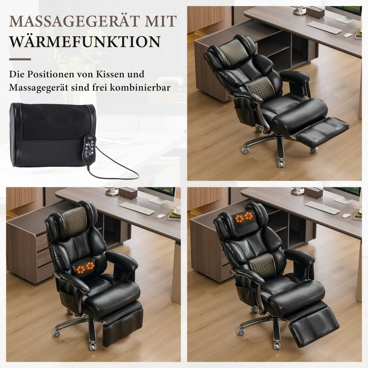 CHEFSESSEL mit Massage-Heizung Schwarz - Schwarz, Naturmaterialien (76.5/121.5/85.5cm)