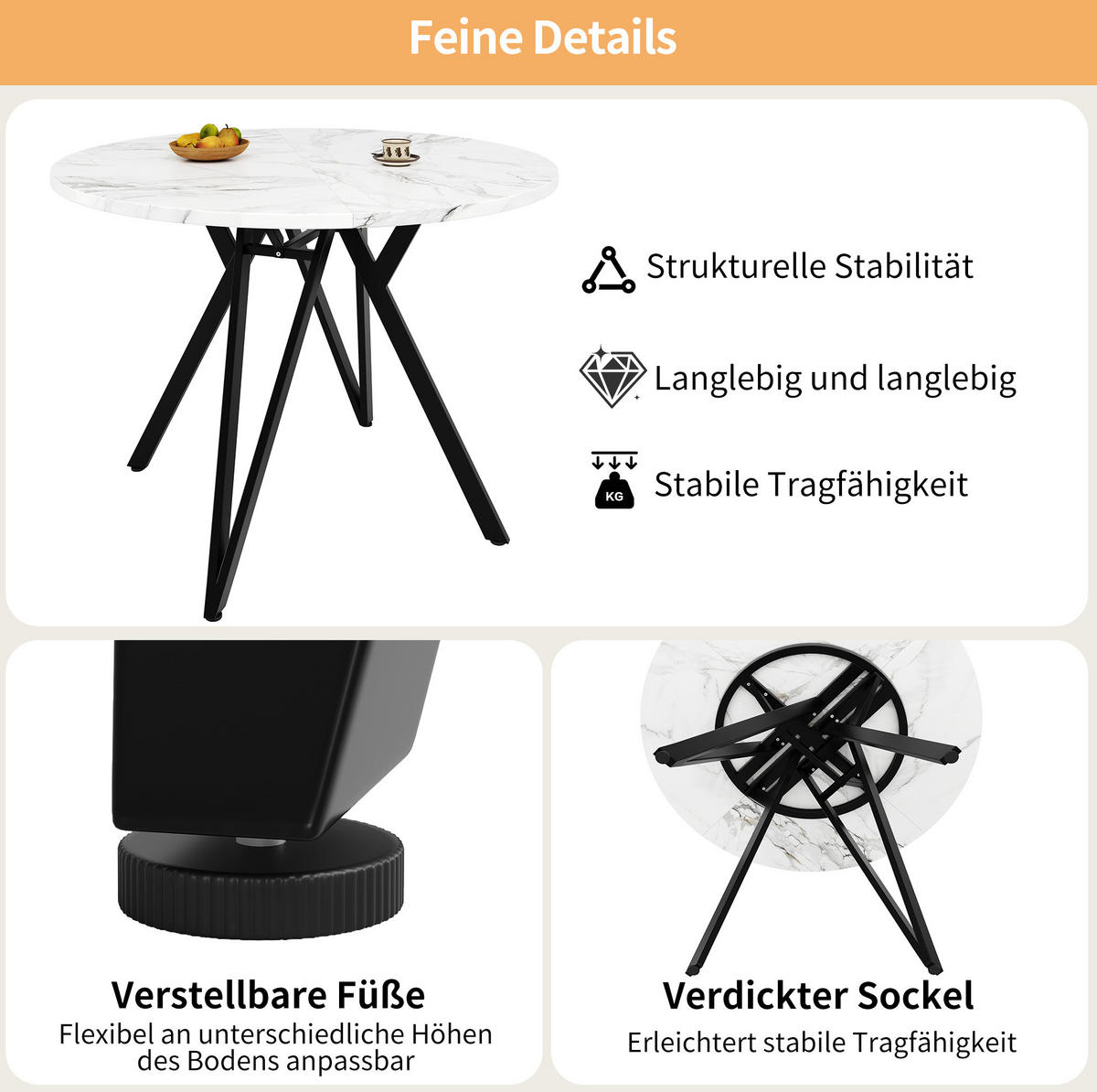 ESSTISCH 100x100x76 cm aus MDF mit Marmoroptik auf schwarzem Metallgestell - Schwarz, Holzwerkstoff (100/100/76cm) - Modfu