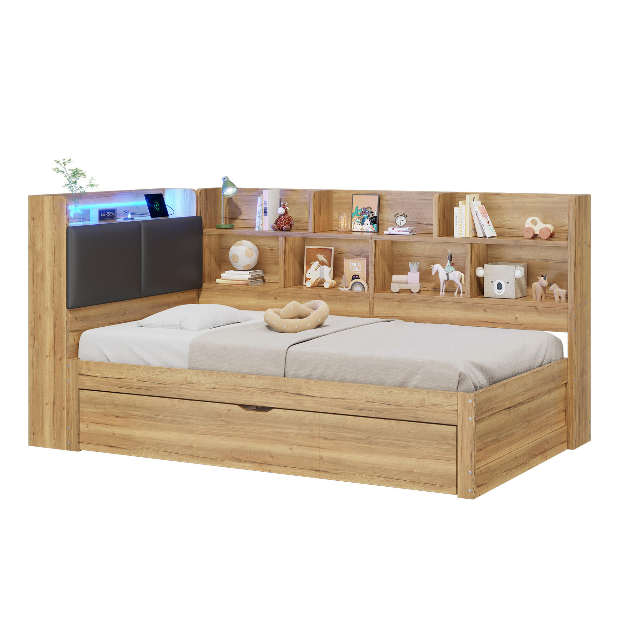 KINDERBETT 90/200 cm aus MDF mit Ausziehbett 90/190 cm, LED, USB-C und Stauraum, Natur - Naturfarben, Holzwerkstoff (90/200cm) - Redom