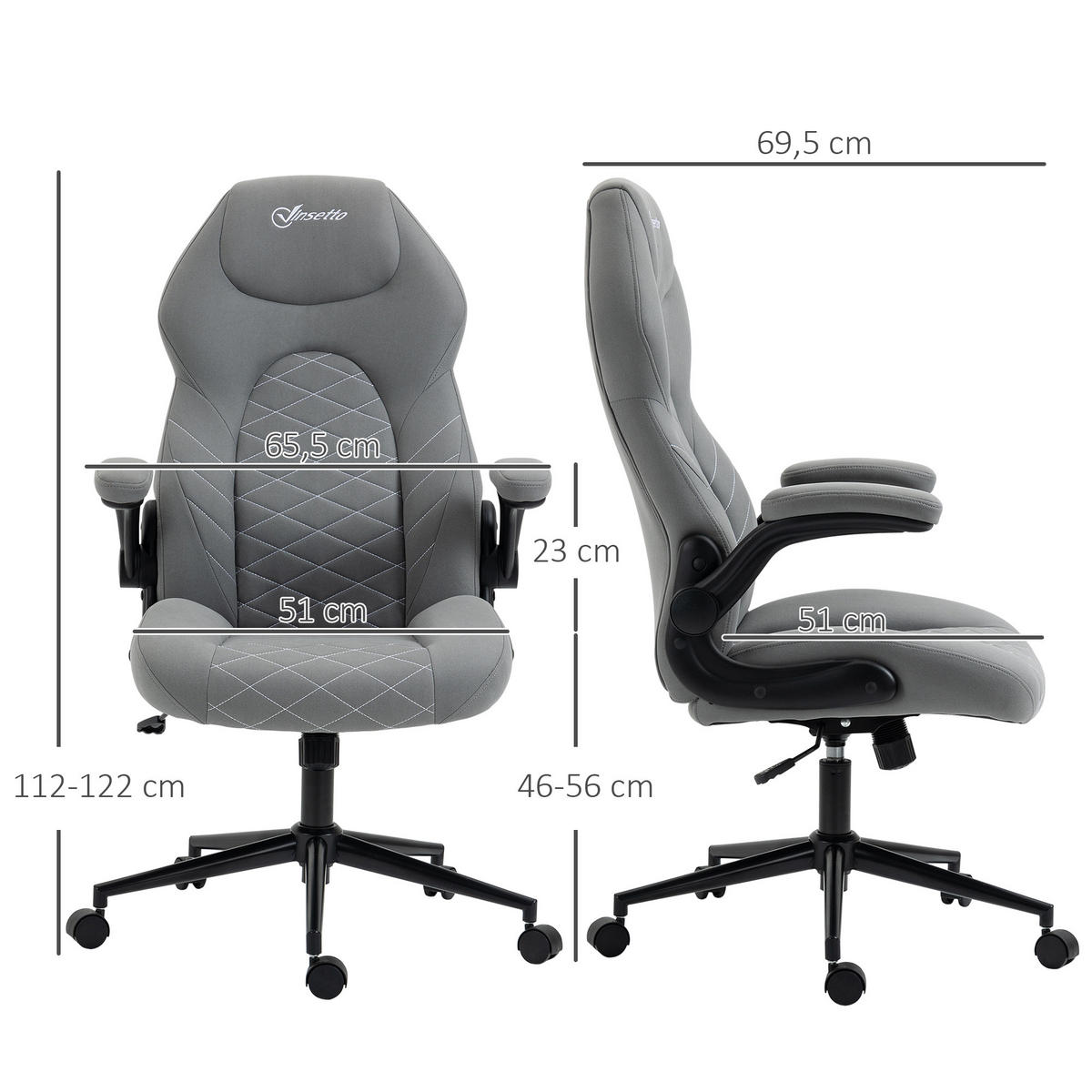 BÜROSTUHL, Ergonomischer Schreibtischstuhl, Computerstuhl mit Wippfunktion - Hellgrau, Kunststoff (69.5/122/65.5cm) - Vinsetto