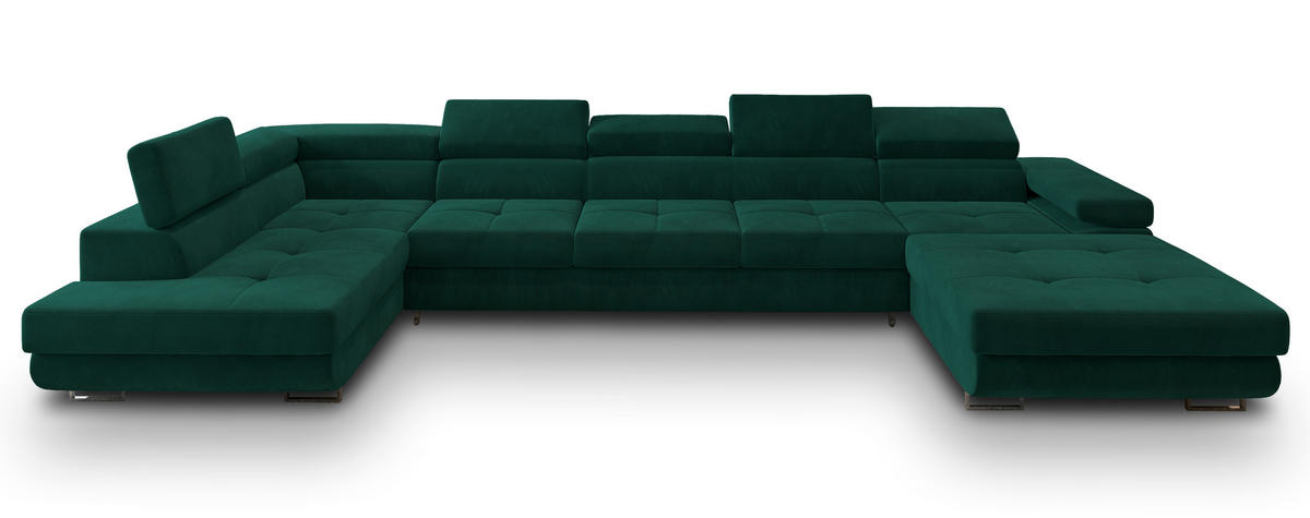 WOHNLANDSCHAFT TORIVA L-S Grün Velours-Stoff mit Schlaffunktion - Grün, Holz (418/90/202cm) - MASSENO