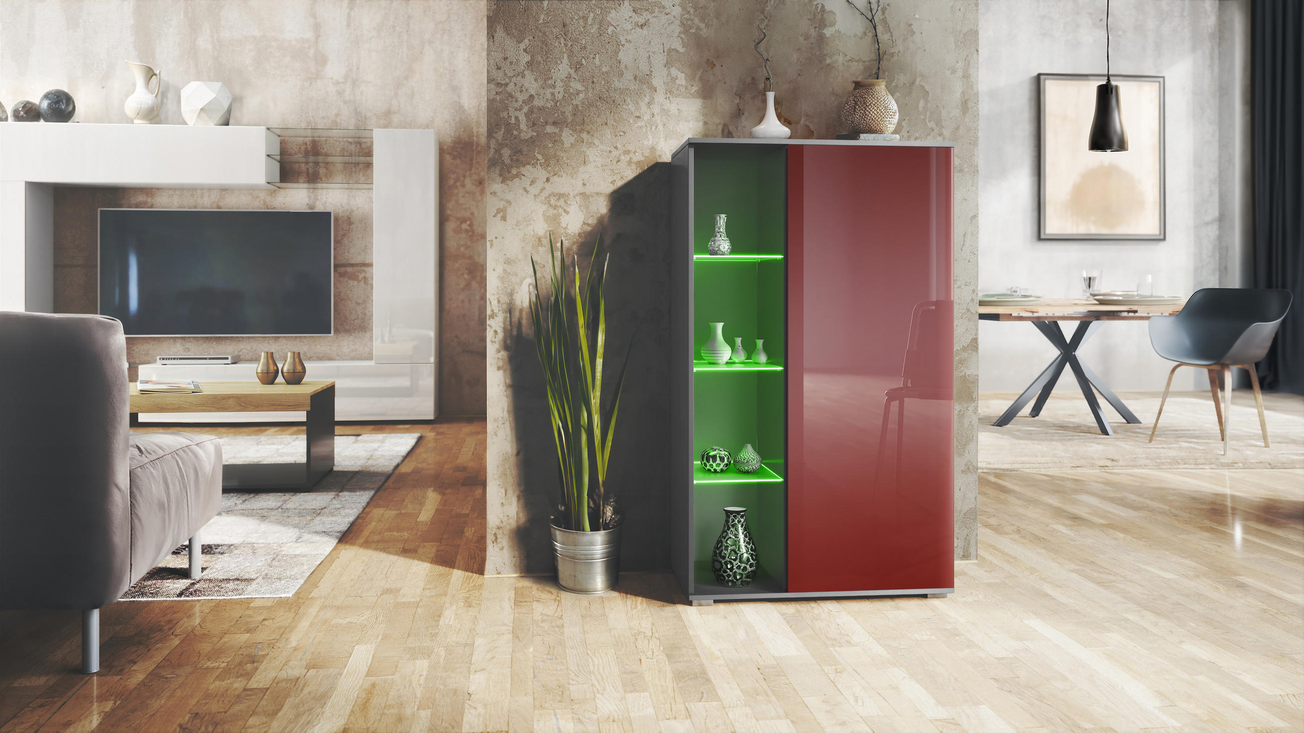 VITRINE Davos Bordeaux Hochglanz - Bordeaux, Holzwerkstoff (71.5/134/35cm) - Vladon