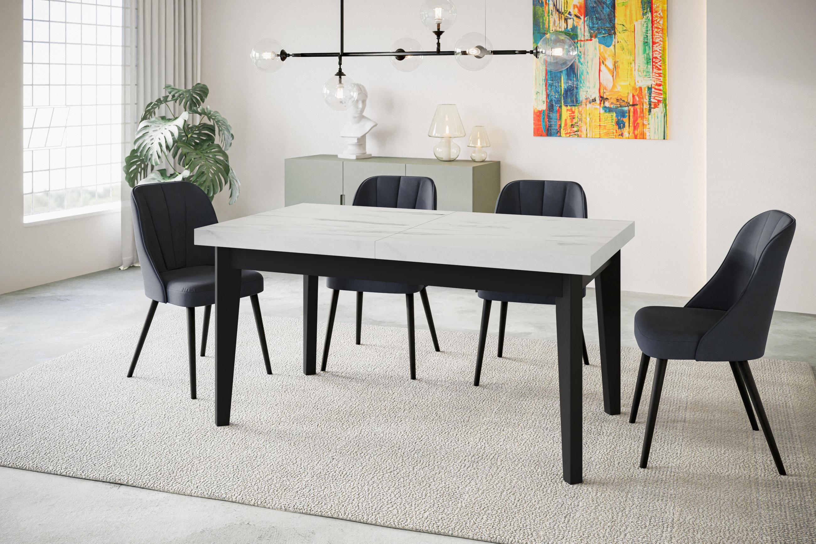 ESSZIMMERTISCH SKANDI, ausziehbarer Tisch: 200-300X100X78 cm, Farbe: MARMUR, mit Holzbeinen in Farbe Schwarz - Hellgrau/Schwarz, Holzwerkstoff (200/100/78cm) - Alpi-Möbel